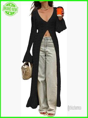 Long Crochet Cardigan Button Up Knit Hollow Out Duster Sweater Cover Up